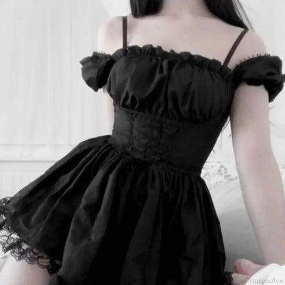 Square Neck Puff Sleeve Corset Lace-Up Floral Lace Trim Gothic Mini Dress