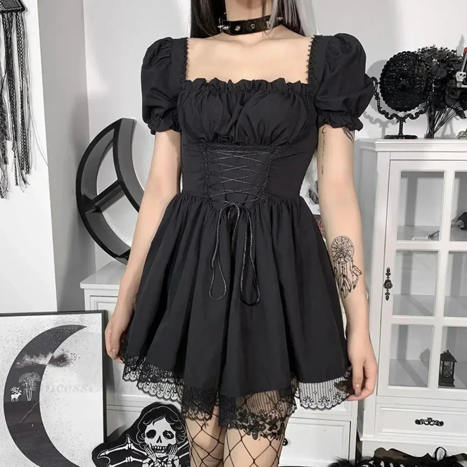 Square Neck Puff Sleeve Corset Lace-Up Floral Lace Trim Gothic Mini Dress