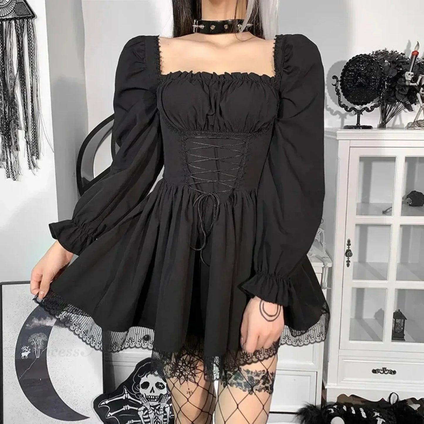 Square Neck Puff Sleeve Corset Lace-Up Floral Lace Trim Gothic Mini Dress