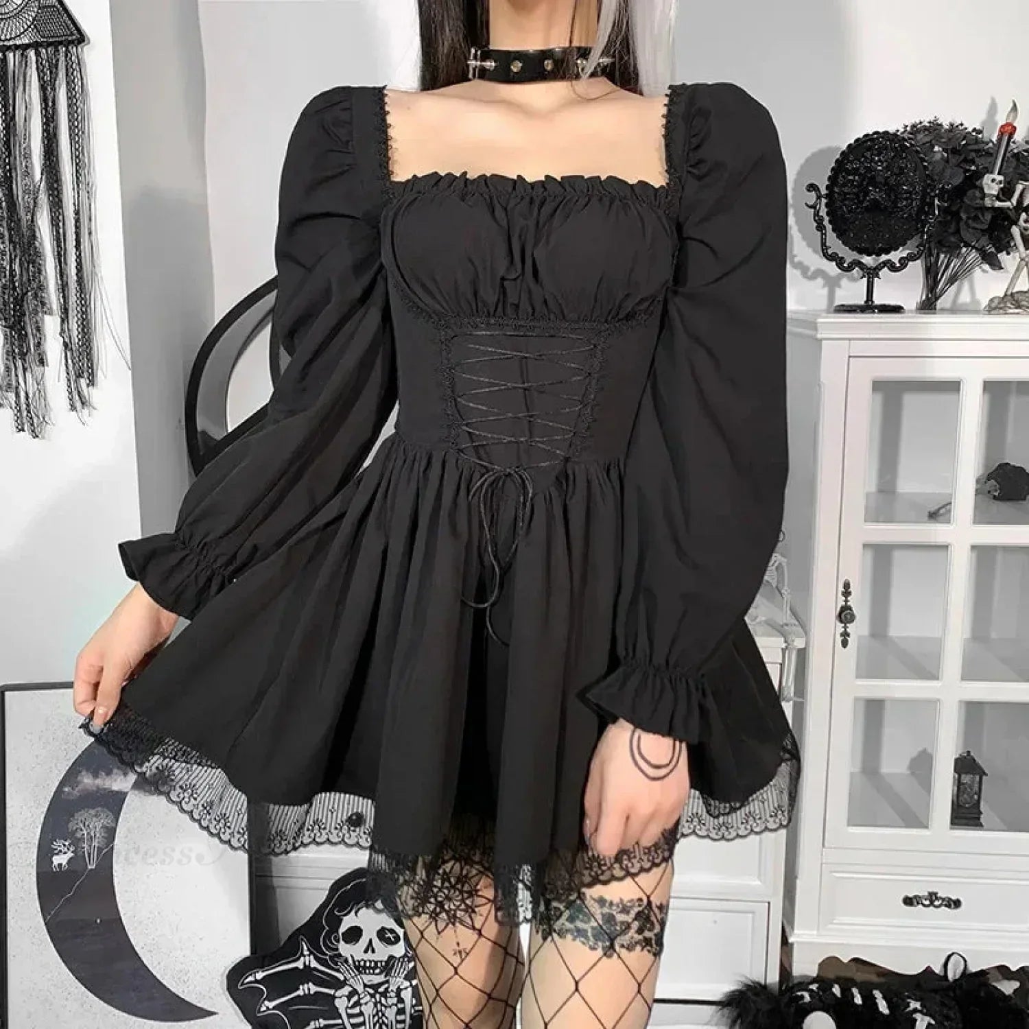 Square Neck Puff Sleeve Corset Lace-Up Floral Lace Trim Gothic Mini Dress