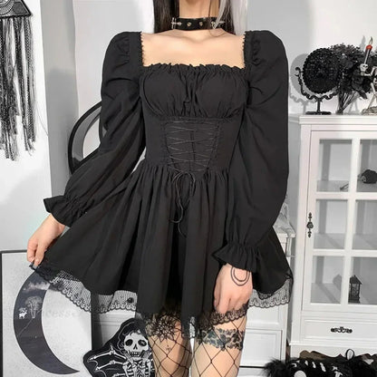 Square Neck Puff Sleeve Corset Lace-Up Floral Lace Trim Gothic Mini Dress