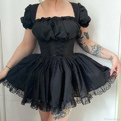 Square Neck Puff Sleeve Corset Lace-Up Floral Lace Trim Gothic Mini Dress