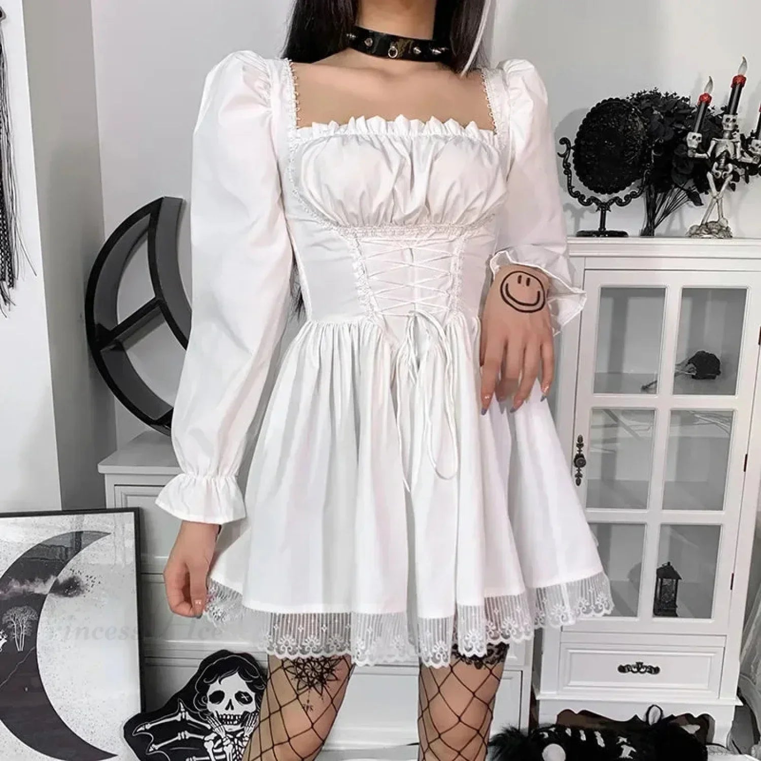 Square Neck Puff Sleeve Corset Lace-Up Floral Lace Trim Gothic Mini Dress