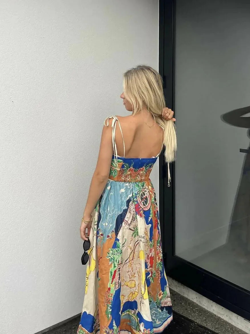 Tied Spaghetti Strap Nautical Floral Print Dress