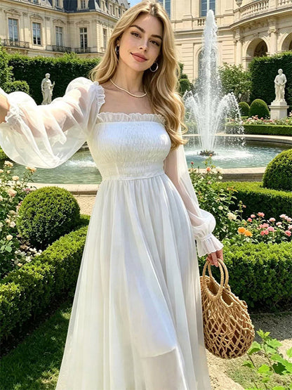 Daily Dresses Maxi Woman's Dress Long Sleeves Square Neck High Rise Waist Academic White Dress
