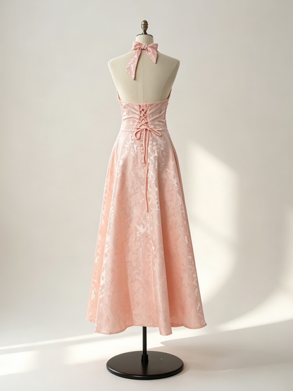 Soft Pink Floral Midi Dress Halter Summer A-line Vintage Dress For Women 2026