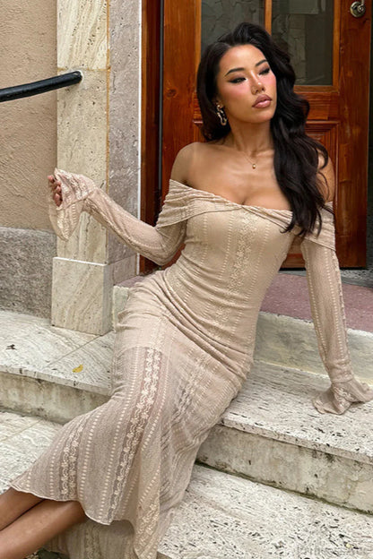 Jacquard Waist Cinched Off Shoulder Bodycon Maxi Dress