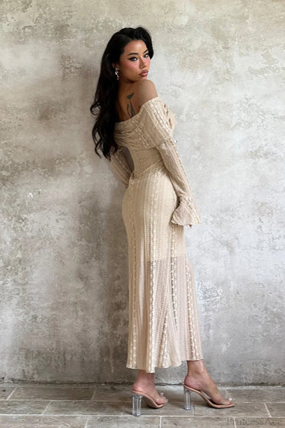 Jacquard Waist Cinched Off Shoulder Bodycon Maxi Dress