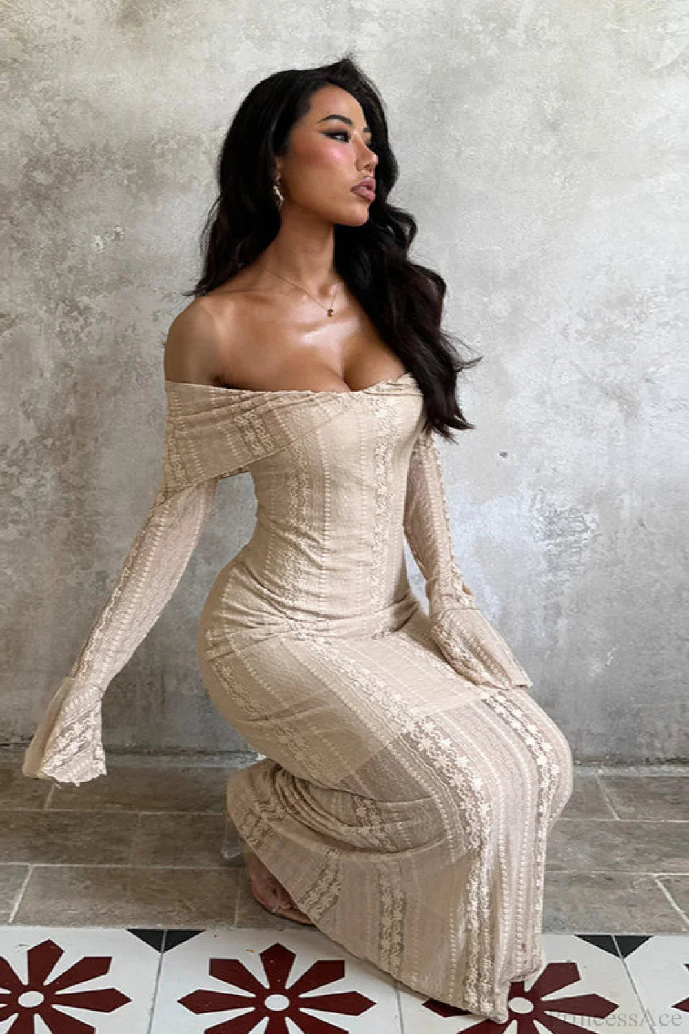 Jacquard Waist Cinched Off Shoulder Bodycon Maxi Dress