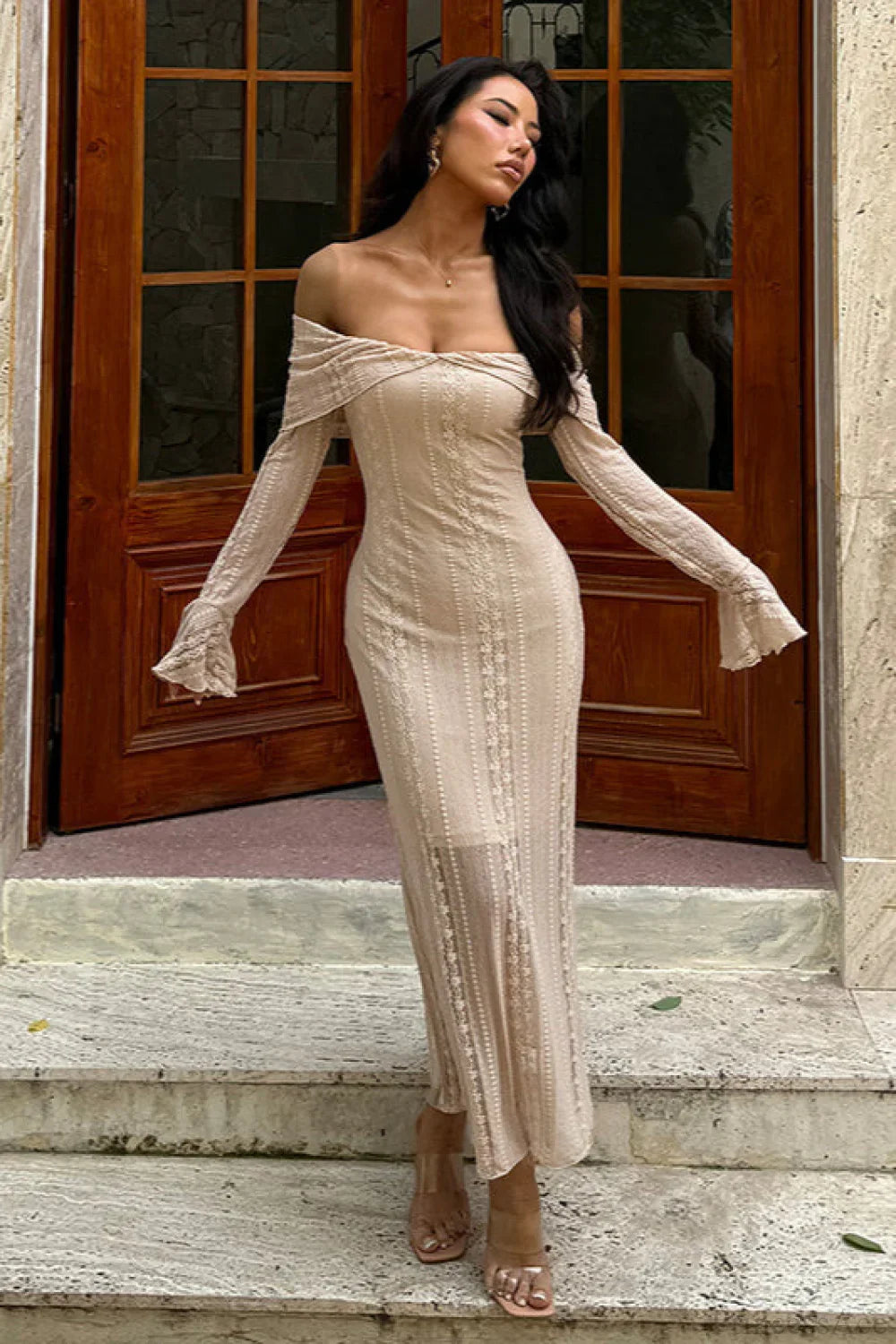 Jacquard Waist Cinched Off Shoulder Bodycon Maxi Dress