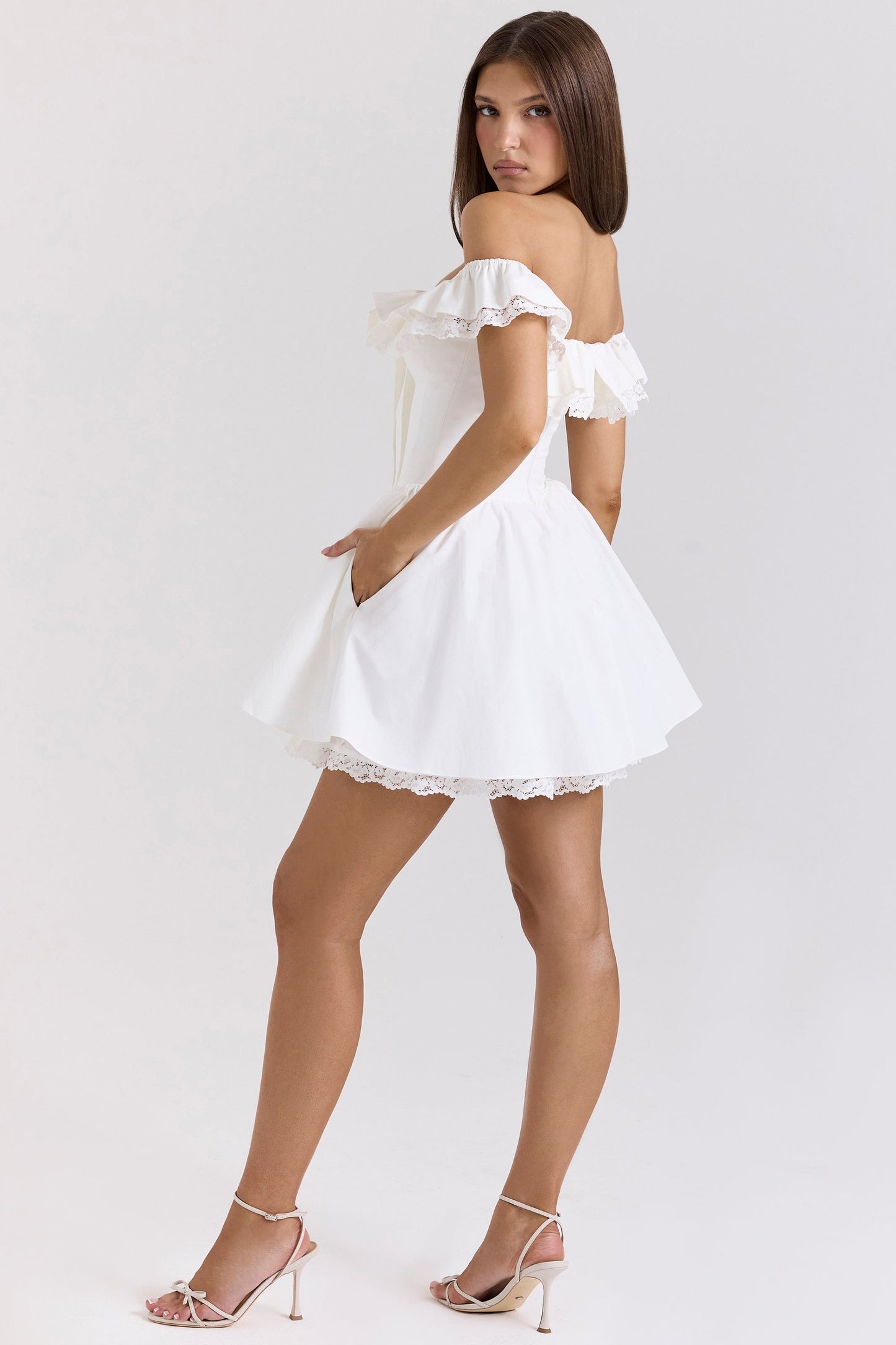 White – Lace Waist-Cinched Off-Shoulder Princess Dress