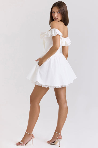 White – Lace Waist-Cinched Off-Shoulder Princess Dress