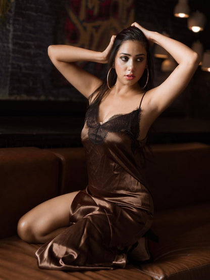 Satin Lace V Neck Split Strap Women Dress