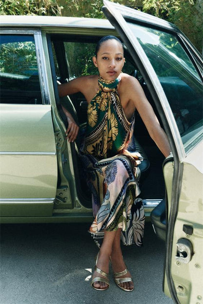 Jessica Printed Halterneck Midi Silp Dress