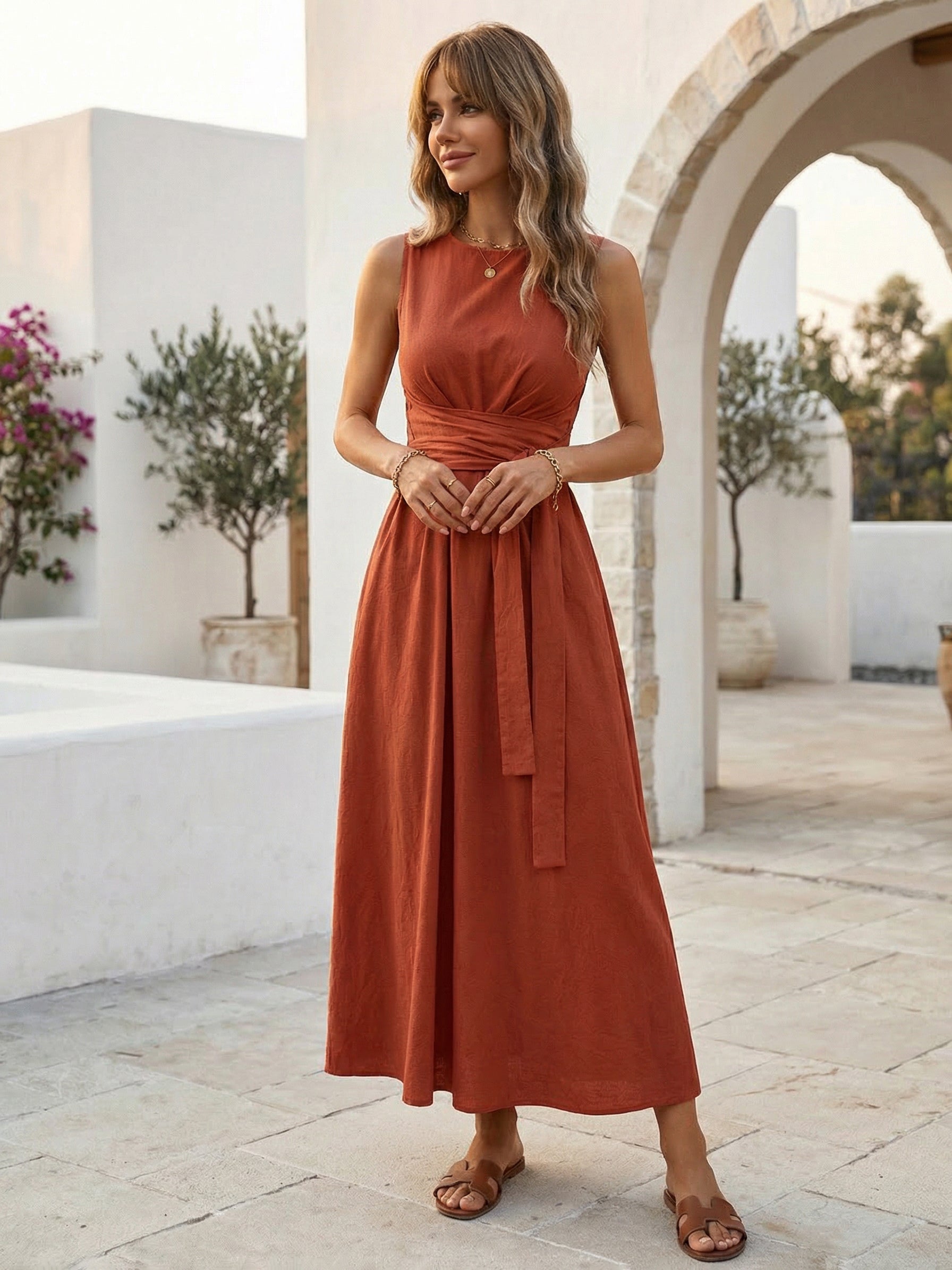 Sleeveless Tie Waist Maxi Dress For Women - Casual Solid Color A Line Sun Dress With Pockets - Summer Beach Vacation 2026