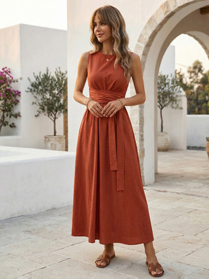 Sleeveless Tie Waist Maxi Dress For Women - Casual Solid Color A Line Sun Dress With Pockets - Summer Beach Vacation 2026