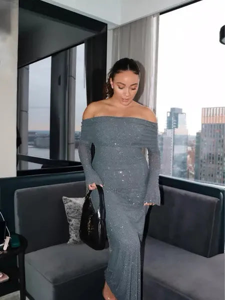 Off Shoulder Strapless Sparkle Backless Long Flare Maxi Dress