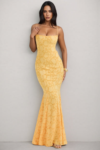 Xyvan Yellow Lace Up Back Maxi Dress