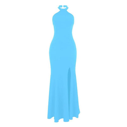 Halter backless high slit solid maxi dress