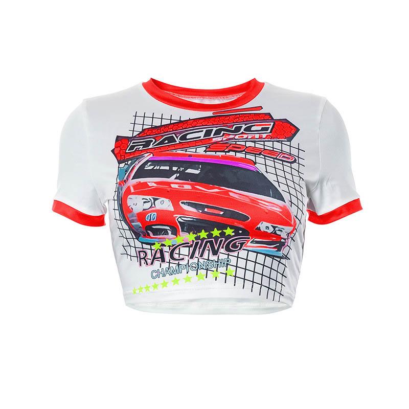 Short sleeve car pattern contrast patchwork crop top
