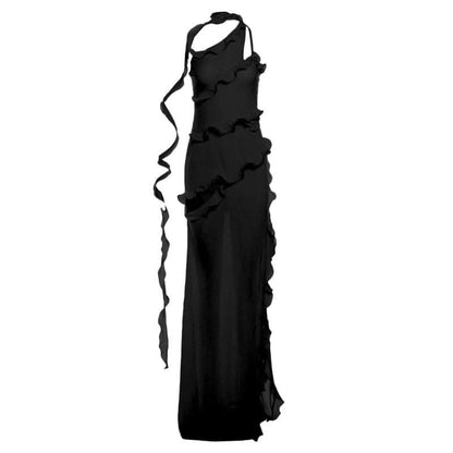 One shoulder ruffle irregular high slit maxi dress-final-sale