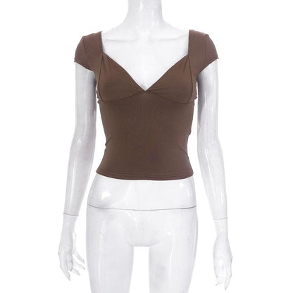 Low cut cap sleeve solid backless v neck top