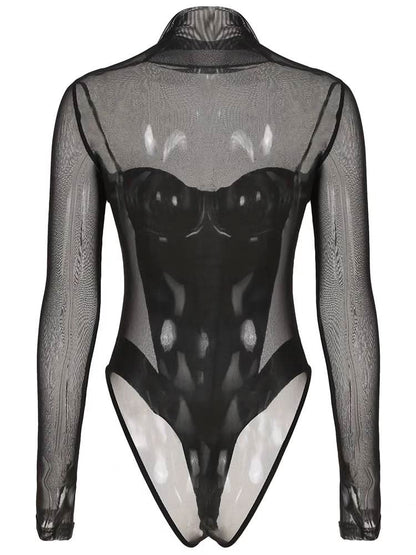 High neck long sleeve mesh bustier bowknot bodysuit