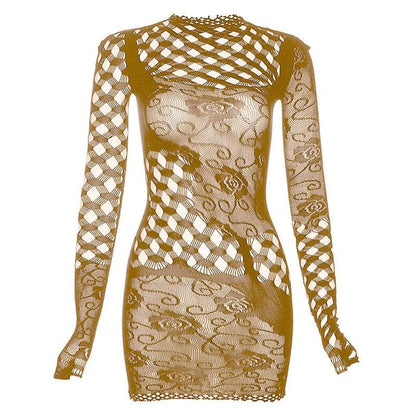 Fishnet long sleeve hollow out see through irregular cut out mini dress