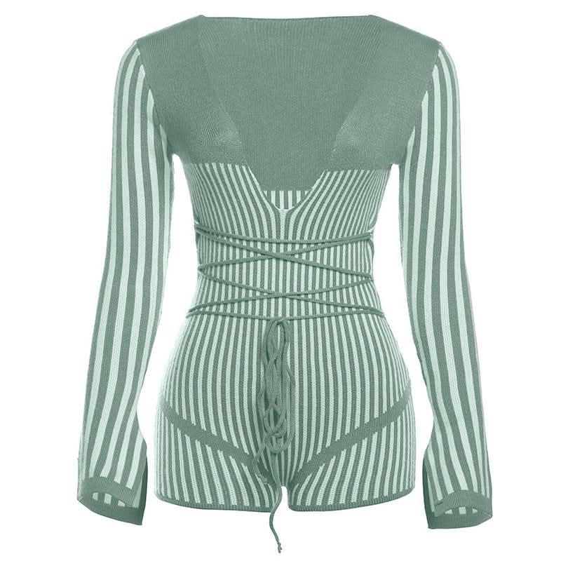 Slit long sleeve deep V neck striped self tie romper