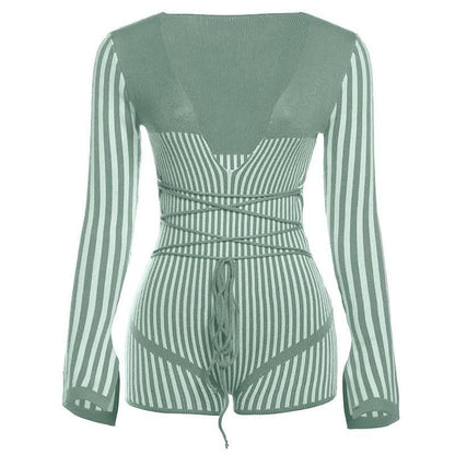 Slit long sleeve deep V neck striped self tie romper