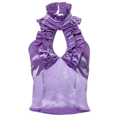 Halter ruffle ruched satin backless top