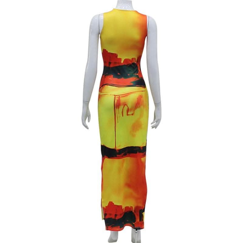 Crewneck sleeveless contrast print slit maxi dress-final-sale