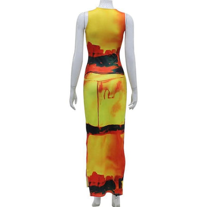 Crewneck sleeveless contrast print slit maxi dress-final-sale