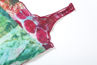 Sheer mesh ruffle square neck print tank maxi dress