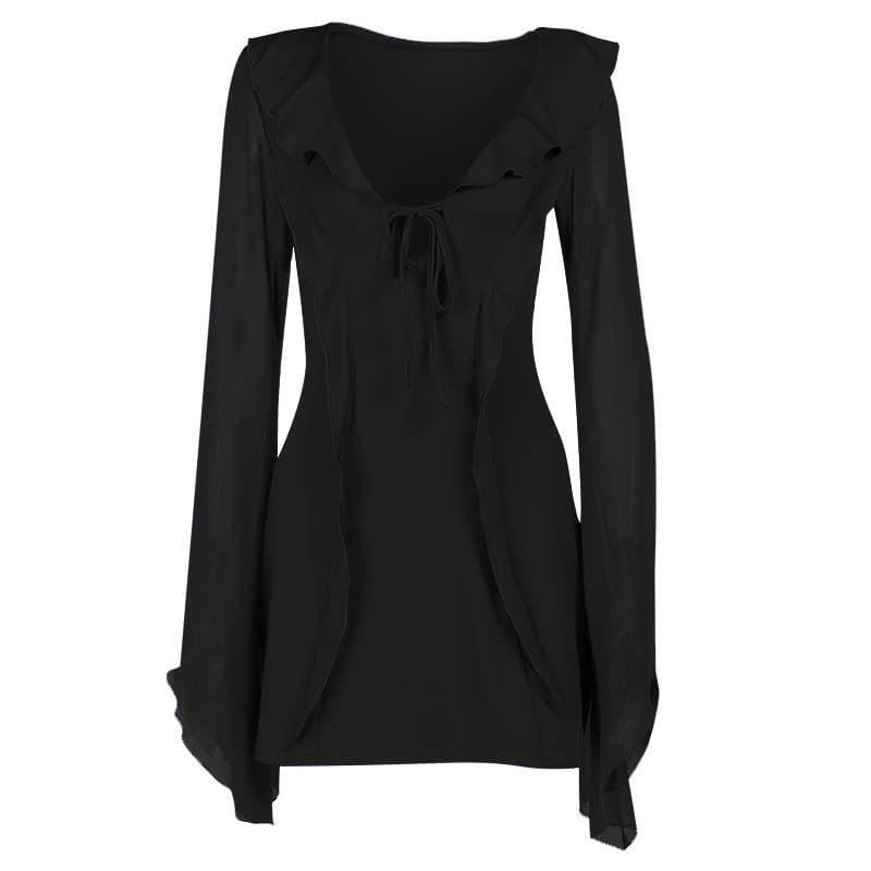 Ruffle long flared sleeve self tie chiffon solid mini dress