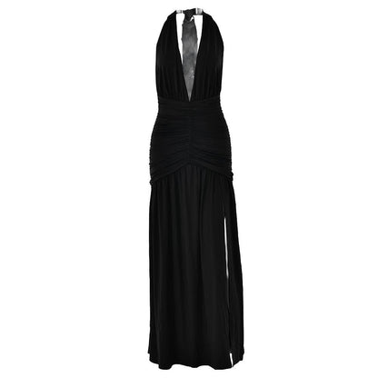 Halter deep v neck backless high slit maxi dress