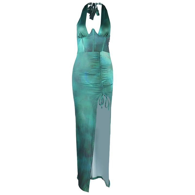 Halter corset deep v neck drawstring ruched slit maxi dress