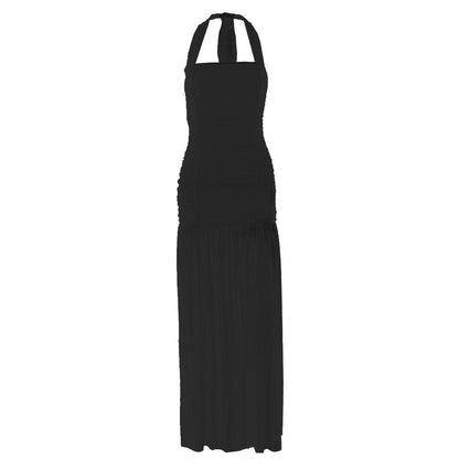 Halter ruched backless solid maxi dress