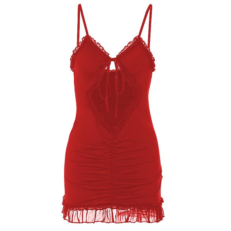 Ruffle hollow out ruched backless cami cut out mini dress