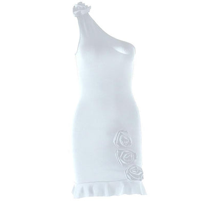 One shoulder irregular flower applique ruffle mini dress