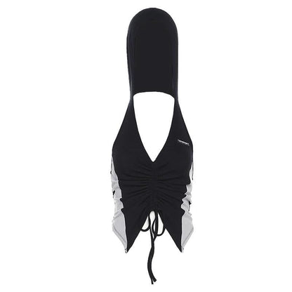 Hoodie v neck ruched drawstring metal tag top