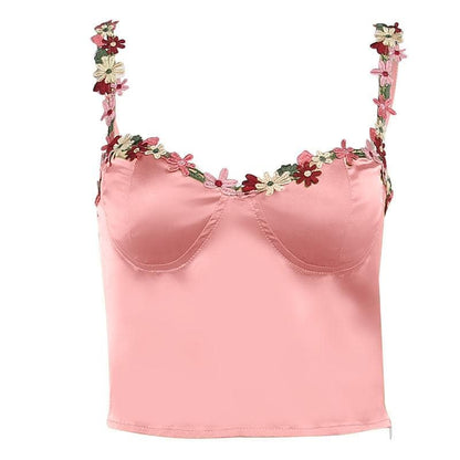 Sweetheart neck flower embroidery zip-up satin cami crop top