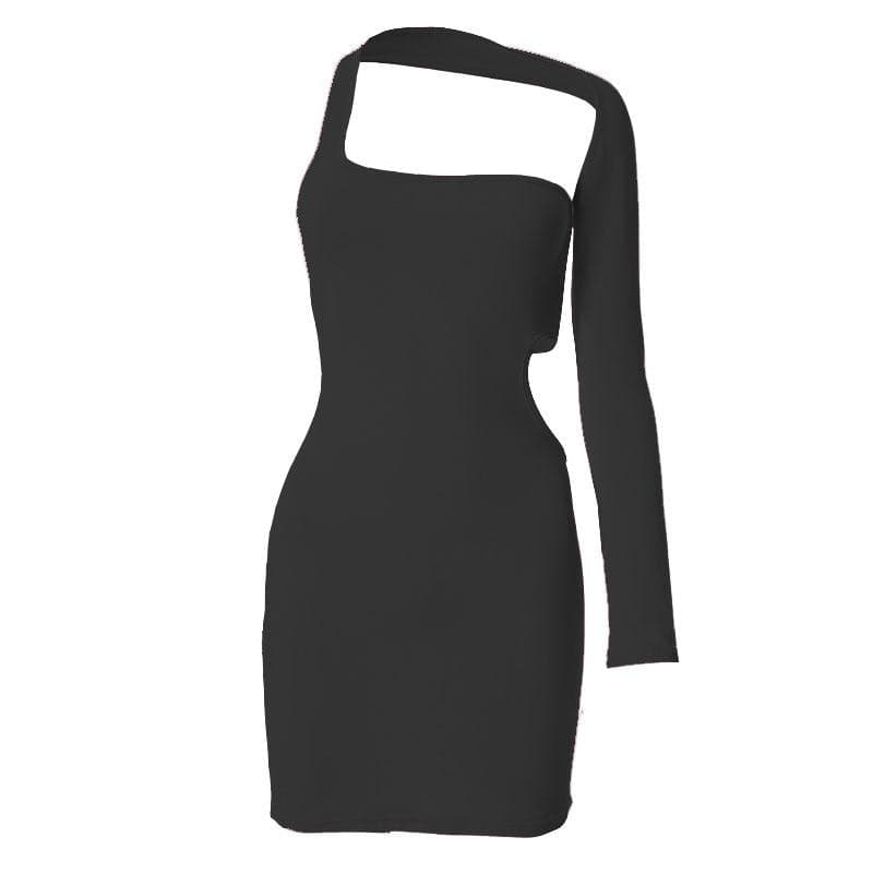 One Shoulder Long Sleeve Waist Cutout Bodycon Mini Dress