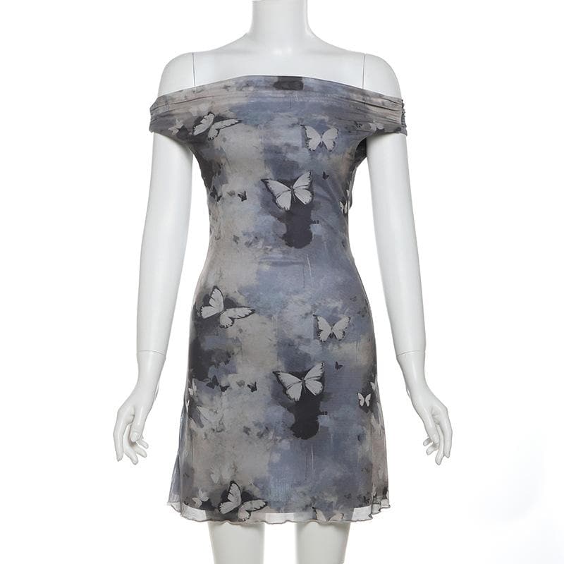 Off shoulder butterfly print ruched mini dress