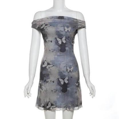 Off shoulder butterfly print ruched mini dress