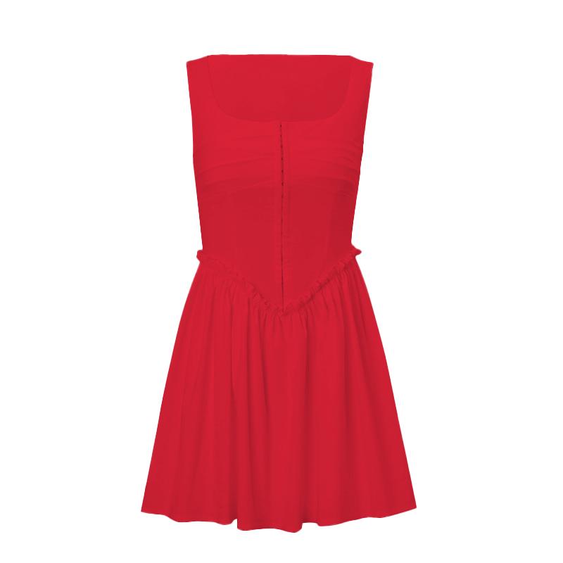 Button ruffle square neck ruched bustier tank mini dress