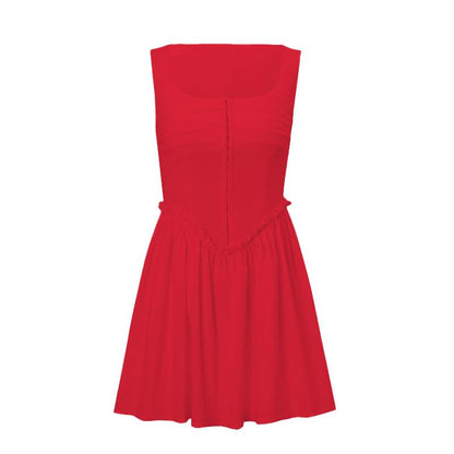 Button ruffle square neck ruched bustier tank mini dress