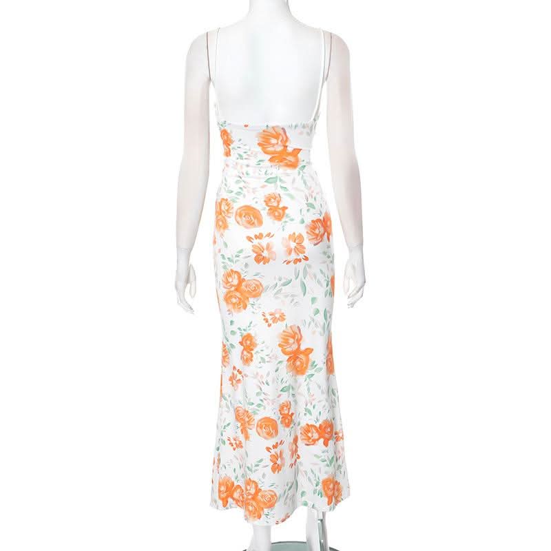Self tie flower print backless spaghetti strap maxi dress