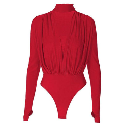 V neck solid ruched gloves high neck long sleeve bodysuit-final-sale
