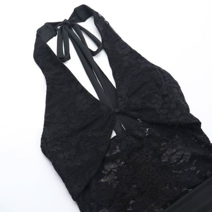 Halter self tie hollow out lace ruched cut out mini dress